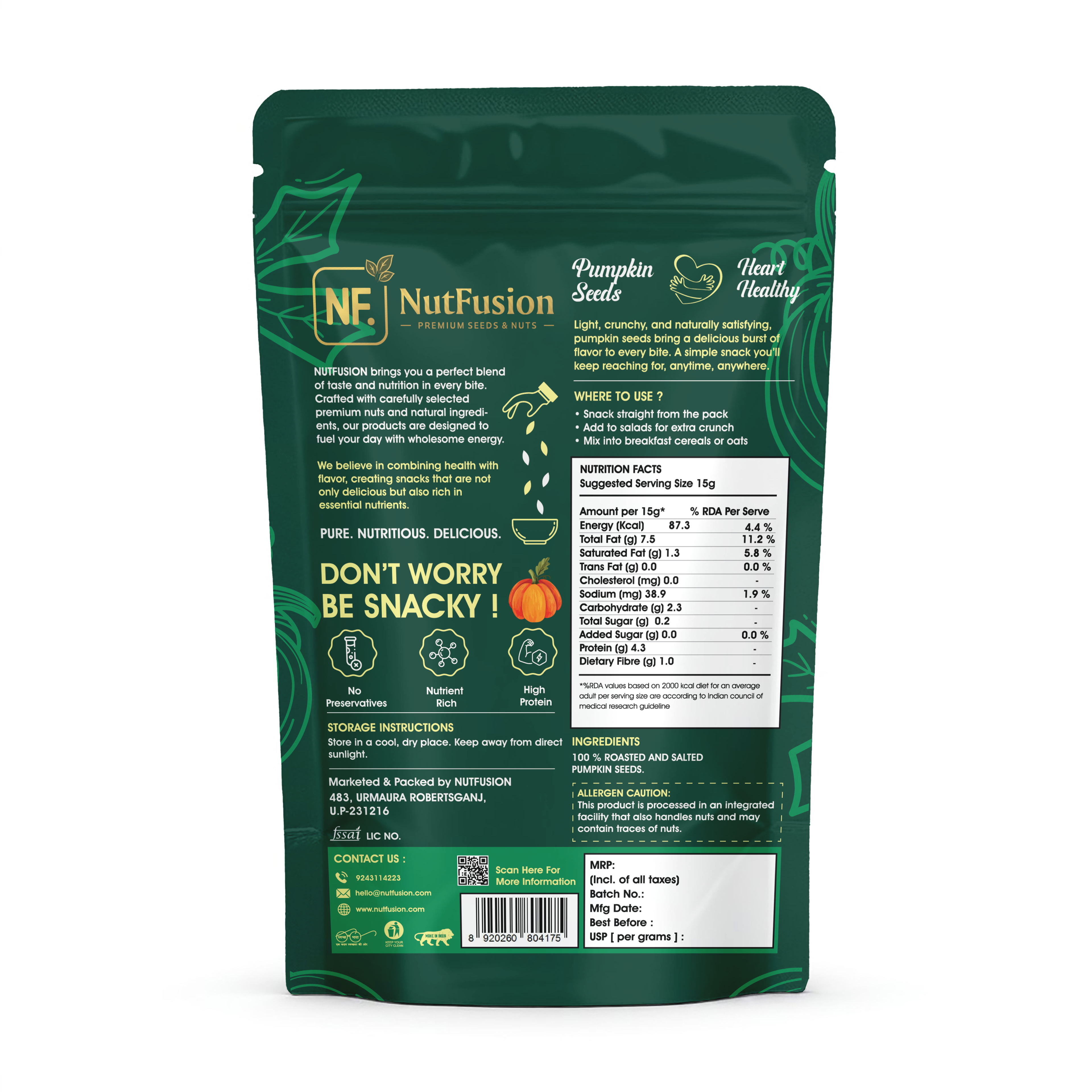 Nutfusion Roasted & Salted Pumpkin Seeds 200gm/6pc